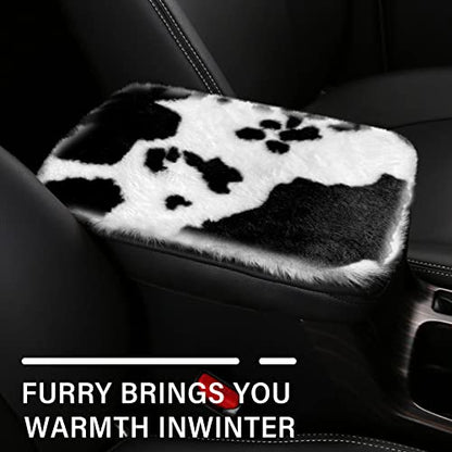 JINGSEN11 Pieces Fluffy Car Accessories Set,Fluffy Cow Print Plush Steering Wheel Covers for Women Soft Fleece Handbrake Cover Shift Cover Car Trim Warm Non-Slip (Black) - size: black