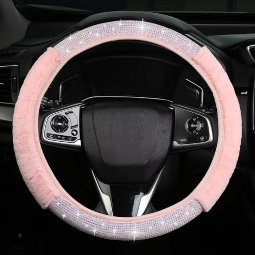 Bling Fluffy Steering Wheel Cover for Women Girls, Rhinestone Diamond Sparkling Fur Steering Wheel Protector Elastic Steering Wheel Covers Winter Warm Universal Fit 14-15 inches - Pink - color: Pink