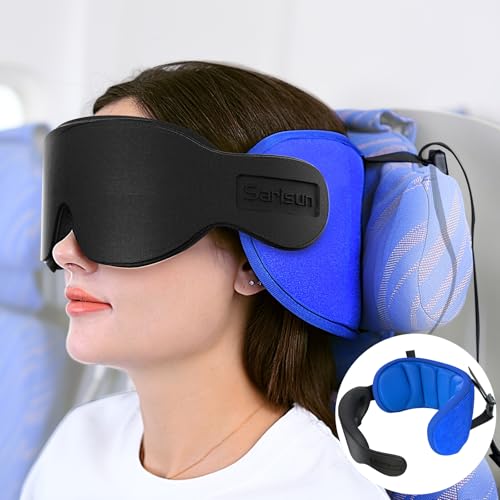 SARISUN Travel Pillows for Airplanes, Airplane Pillow with 3D Eye Mask for Sleeping, 360° Support Headrest for Long Flight, Road Trip, Stop Bobblehead Travel Essential Airplane Sleep Head Strap, Blue - color: Blue