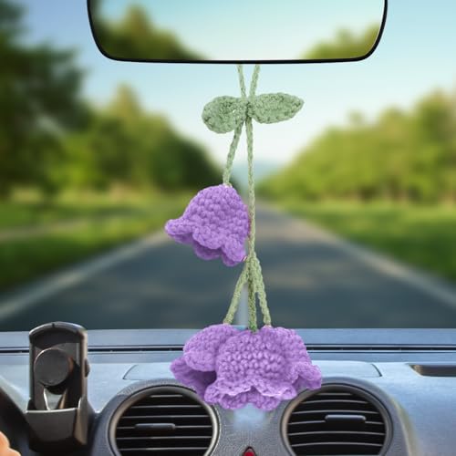 Crochet Lily of The Valley Mirror Hanging Ornament for Cars, Cute Hand Knitted Flower Rear View Mirror Car Charm, Hanging Pendant Decor Car Accessories for Women (Purple) - color: Purple