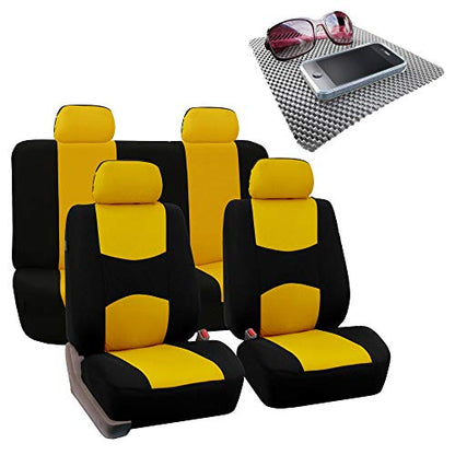 FH Group Bright Flat Cloth Full Set Automotive Seat Covers Front Set and Rear Solid Bench Yellow Black Seat Covers w. Gift Universal Fit Interior Accessories for Cars Trucks and SUVs - color: Yellow