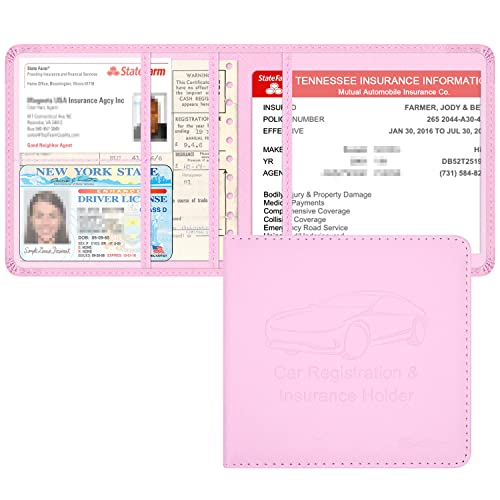 Car Insurance and Registration Holder, 5.5 x 5 Inch PU Leather Vehicle Glove Box Organizer Wallet Case for Insurance Card, Driver License, Paperwork - Pink - color: Pink