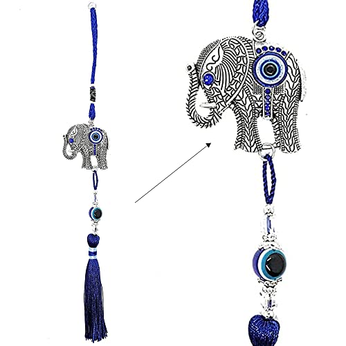 LUCKBOOSTIUM Silver Elephant with Blue White & Black Resin Evil Eye Beads Tassels Charms– Protective Car Rear View Mirror Ornament, Keychain for Bag, Home & Office, Spiritual Decor for Positive Energy - color: Silver 3