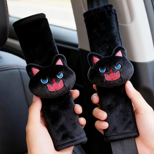 2 PCS Seat Belt Cover Pad, Cute Kawaii Animal Cat Seatbelt Covers for Kids, Soft Seatbelt Cushion, Car Seat Strap Pads (A-Black)