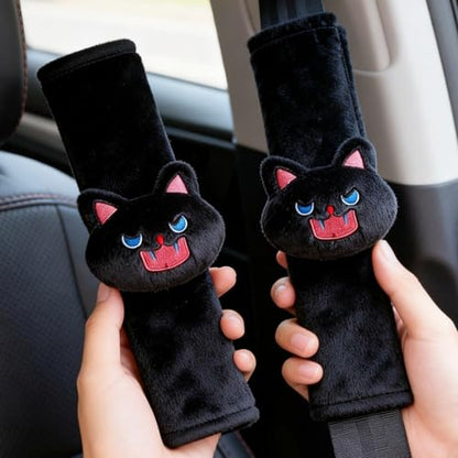 2 PCS Seat Belt Cover Pad, Cute Kawaii Animal Cat Seatbelt Covers for Kids, Soft Seatbelt Cushion, Car Seat Strap Pads (A-Black)
