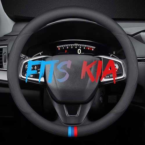 Leather Car Steering Wheel Cover, Tricolor Sporty Style, Breathable Laser-Perforated, Pure Black Double Lines, 14.5-15 Inch for Kia - color: Three-color mark - pure black, size: For Kia