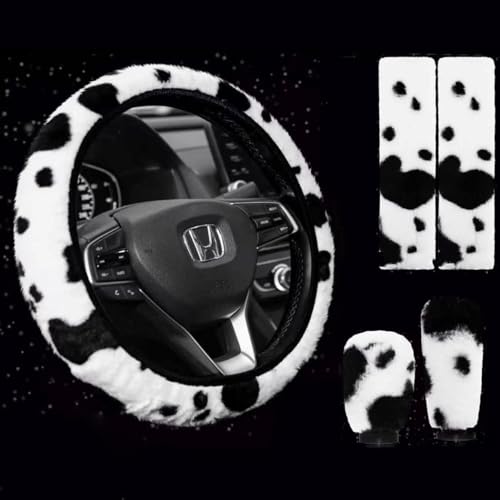 Pinbola 5pcs in 1 Set Faux Wool Steering Wheel Cover Soft Fluffy Handbrake Cover & Gear Shift Cover & 2pcs Seat Belt Shoulder Pads Warm Universal Fit for 15 Inch (Cow Black) - color: Cow Black