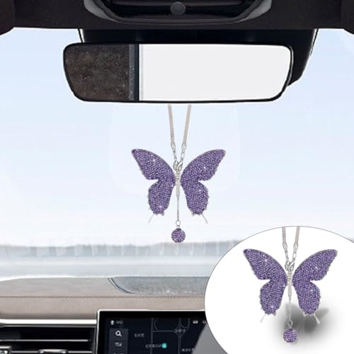 Bling Butterfly Diamond Car Hanging Accessories, Crystal Butterfly Rear View Mirror Luck Car Decoration Accessories for Women, Valentine's Day Presents Ornament Pendant for All Cars (Purple) - size: Purple