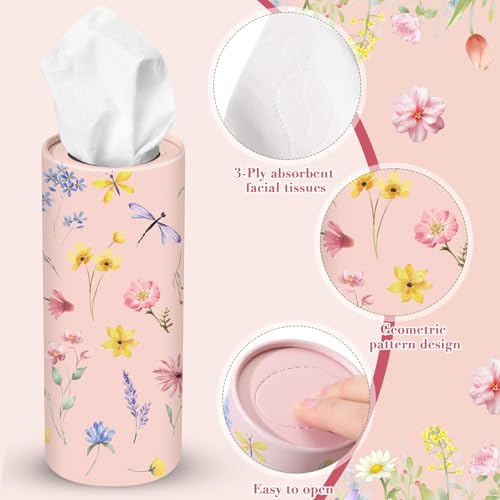 Outus 12 Pcs Floral Car Tissue Holder Cylinders with 3 Ply Facial Tissue Bulk, Portable Paper Dispenser for Cup Holder, Travel Bathroom Table Decor, Tissues Boxes Container for Home Office Party - style: Floral