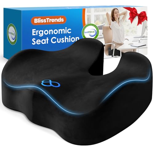 BlissTrends Seat Cushion with Velvet Cover, Thick Memory Foam Cushions for Office Chair, Car Seat, Airplane, Relieving Pressure Tailbone Sciatica Back Pain for Long Sitting, Car Drivers 4.7in Black - color: Black, size: Large