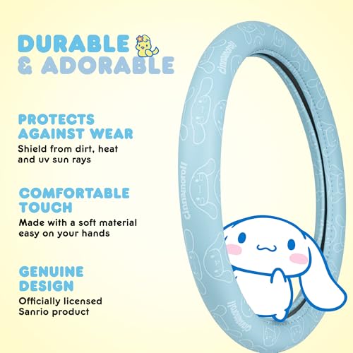 Cinnamoroll Steering Wheel Cover, Official Sanrio Car Steering Wheel Cover with Universal Size 14.5-15.5, Cute Blue for Women, Cinnamoroll Car Accessories (Cinnamoroll Blue Monogram) - style: Cinnamoroll Blue Monogram