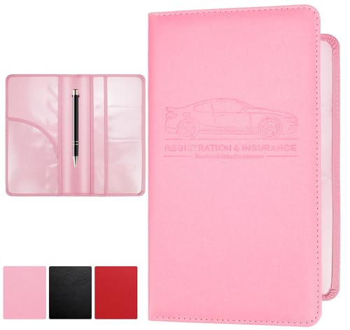 PLOJOP Car Registration and Insurance Card Holder, Leather License Document Pink Glove Box Compartment Organizer, Car Wallet Case for Essential Info, License Cards, ID Card - color: Pink