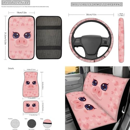 Cute Pig Car Seat Cover Full Set 17 Pc,Floor Mats/Car Seat Cushion/Steering Wheel Cover/Seat Belt Mats/Armrest Mats/Coasters/Keychains Interior Protective Accessories 15 - color: Cute Pig