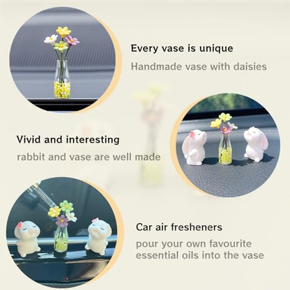 Cute Rabbit Car Dashboard Accessories Flowers Rear View Mirror Decorations, Funny Car Interior Accessories for Girls Women Daisy Charm