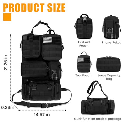 6 Pack Tactical MOLLE Car Seat Back Organizer - Universal Vehicle Storage Bag with 5 Detachable MOLLE Pouches, US Flag Patch & Keychain, Fits Jeep, Truck, SUV, Car (Black)
