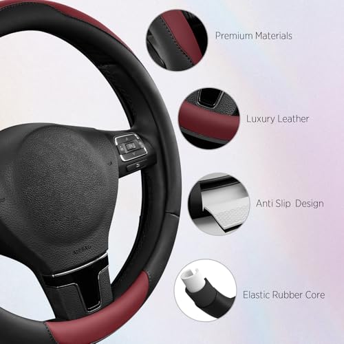 Road Comforts Steering Wheel Cover, Breathable Anti-Slip Leather Steering Wheel Cover, Universal Fit 14.5–15 Inch, Comfortable Grip - Redwine Color