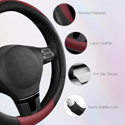 Road Comforts Steering Wheel Cover, Breathable Anti-Slip Leather Steering Wheel Cover, Universal Fit 14.5–15 Inch, Comfortable Grip - Redwine Color