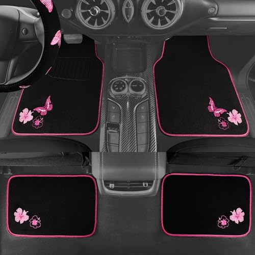 CAR PASS Embroidery Butterfly Steering Wheel Cover and Waterproof Car Floor Mats,Pink Car Mats 14.5-15inch Steering Wheel Covers Universal Fit for Cars, Suvs,Sedans,Van,for Women Girl(Black and Pink) - color: Black and Pink Butterfly