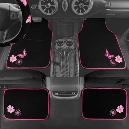 CAR PASS Embroidery Butterfly Steering Wheel Cover and Waterproof Car Floor Mats,Pink Car Mats 14.5-15inch Steering Wheel Covers Universal Fit for Cars, Suvs,Sedans,Van,for Women Girl(Black and Pink) - color: Black and Pink Butterfly