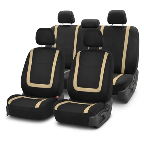 FH Group Car Seat Covers Unique Flat Cloth Full Set Automotive Seat Covers Front Set and Rear Solid Bench Beige Black Seat Covers w. Gift Universal Fit Interior Accessories for Cars Trucks and SUVs - color: Beige
