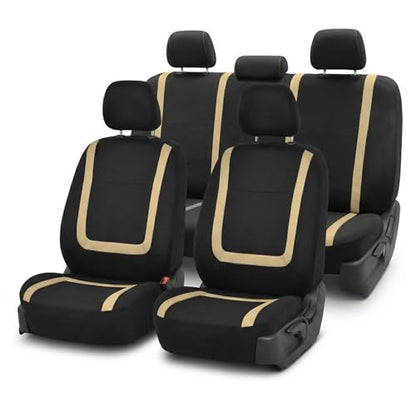 FH Group Car Seat Covers Unique Flat Cloth Full Set Automotive Seat Covers Front Set and Rear Solid Bench Beige Black Seat Covers w. Gift Universal Fit Interior Accessories for Cars Trucks and SUVs - color: Beige