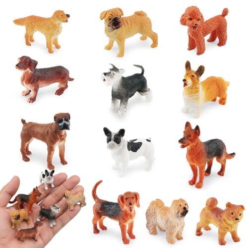 12PCS Mini Dog Figurine Set, Realistic Plastic Puppy Figures, Suitable for Dog Cake Toppers, Birthday Gifts for Teens and Adults - color: 12 Dog