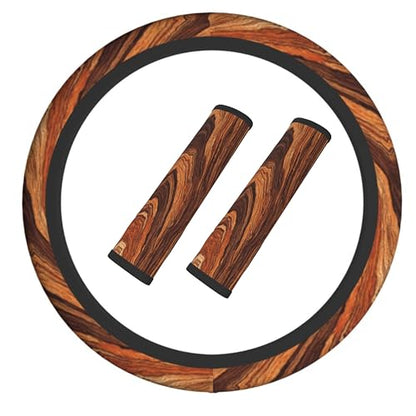 Wood Steering Wheel Cover Elastic Non-Slip Car Steering Wheel Covers with Seat Belt Shoulder Pad for Women Men - color: Wood