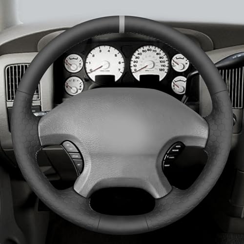 MEWANT Black Hive Embossed Faux Leather Steering Wheel Cover for Dodge Ram 1500 2002-2003 Dodge Ram Truck Accessory - color: Black Solid&Hive Embossed Faux Leather