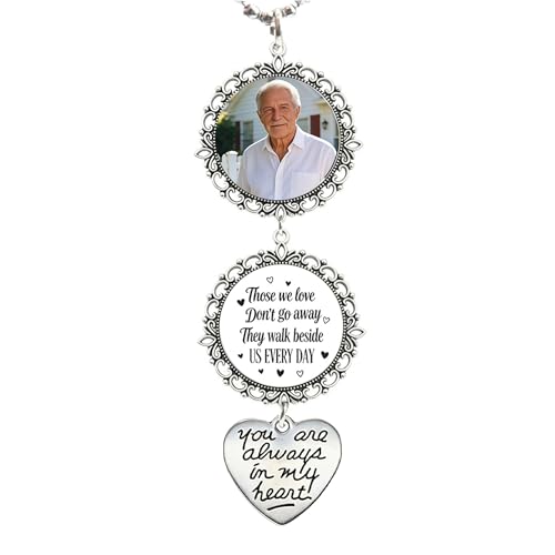 Personalized Photo Memorial Car Charm - Custom Rearview Mirror Hanging Ornament with Heart/Angel/Wing/Cardinal Charms, Sympathy Bereavement Gift for Loss of Loved One, Tin Alloy & Glass Keepsake - color: Gem-6