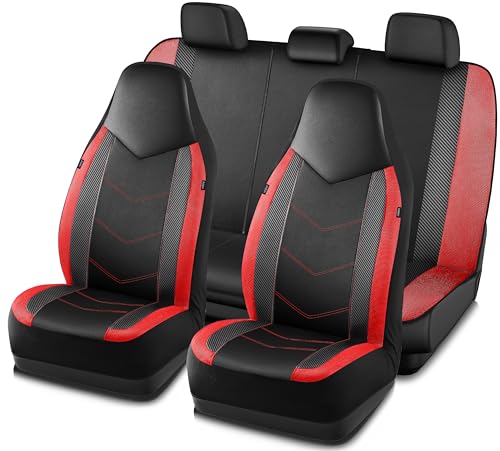 PIC AUTO Leather Car Seat Covers, Sports Carbon Fiber & Mesh Design, High-Back Full Set, Waterproof Automotive Seat Covers, Airbag Compatible, Universal Fit for Cars, SUVs, Trucks (Black & Red) - color: Red, size: Full Set