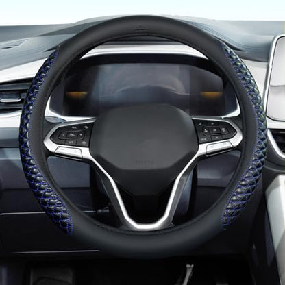 Coverado Car Steering Wheel Cover, Nappa Leather Black & Blueline Steering Wheel Covers, Universal 14-15 inch, Anti-Slip, Breathable Steering Wheel Protector for Women Men - color: C-Blue