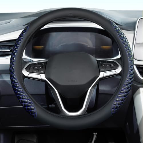 Coverado Car Steering Wheel Cover, Nappa Leather Black & Blueline Steering Wheel Covers, Universal 14-15 inch, Anti-Slip, Breathable Steering Wheel Protector for Women Men - color: C-Blue