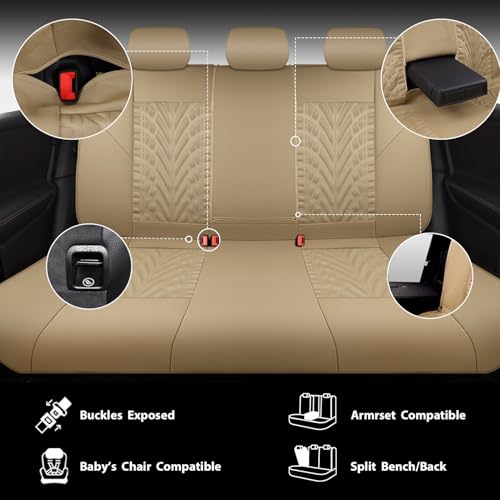 CAR PASS Neoprene Waterproof Seat Covers Full Sets, Wetsuit Car Seat Covers 5 Seats Universal Fit for Vans, Truck, SUV, 3D Tyre Embossed Seat Covers Anti Slip with Armrests, Aibag Compatible All Beige - color: all Beige Neoprene, size: Full sets