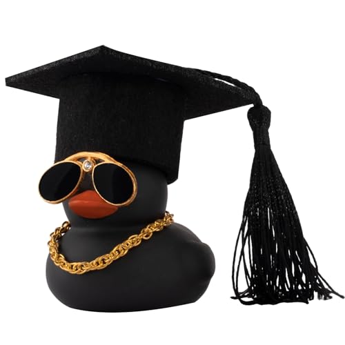wonuu Car Dashboard Decor Graduation Hat Color Rubber Duck, Car Ducks Ornaments with Mini Graduation Hat Necklace Sunglasses (Black) - color: Black, style: Soild