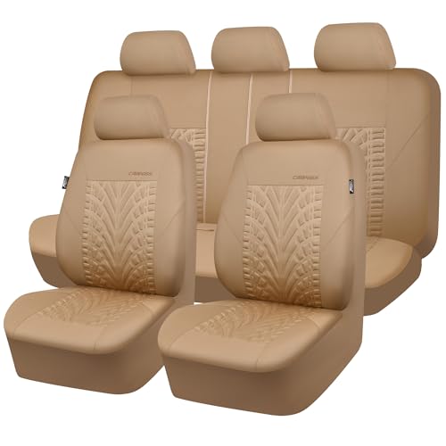 CAR PASS Car Seat Covers Full Sets, Front & Split Rear Bench for Car, 3D Tyre Embossed Automotive Interior Covers, Airbag Compatible, Quick Setup Universal Fit Seat Covers for Car, SUV(All Beige) - color: Beige Pure, size: Full sets