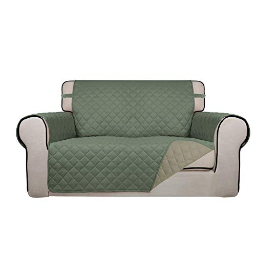PureFit Reversible Quilted Sofa Cover, Water Resistant Slipcover Furniture Protector, Washable Couch Cover with Non Slip and Elastic Straps for Kids, Dogs, Pets (Loveseat, Greyish Green/Beige) - color: Greyish Green/Beige, size: Medium