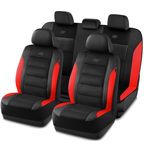 Skechers Aircooled & Memory Foam Seat Covers,Premium Leather with EVA Mesh Car Seat Covers,Seat Cover Full Sets,Airbag Compatible Automotive Comfort for Most Cars, Vans, Trucks, SUV,Red - color: Black/Red, size: Full Set
