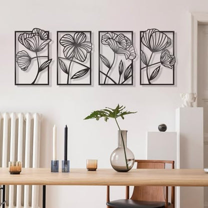 KOYILTD 4 Pcs Black Metal Wall Art Metal Flowers Wall Art Black Minimalist Line Art Wall Decor Room Decor Aesthetic Modern House Decor for Living Room Bedroom Bathroom Kitchen (Elegant)