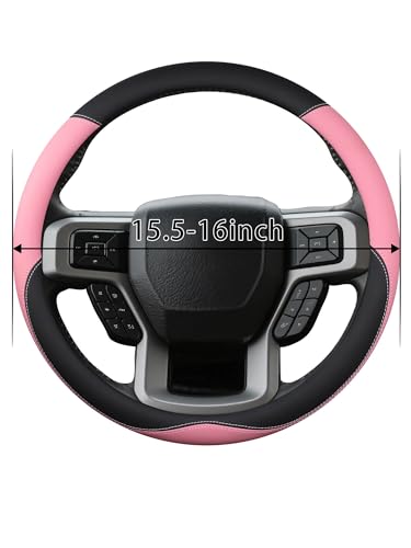 Leather Steering Wheel Cover for Ford F150/F250/F350, 15.5-16 Inch Truck Steering Wheel Grip, Breathable & Anti-Slip, Premium Semi Car Accessories (Pink) - color: Pink