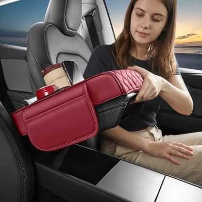 5 in 1 Car Center Console Cover, Armrest Pad with 2 Storage Pockets, Cup Holder, Tissue Slot, Phone Holder, Nappa Leather Memory Foam Car Accessories for SUV Sedan Truck (Burgundy)