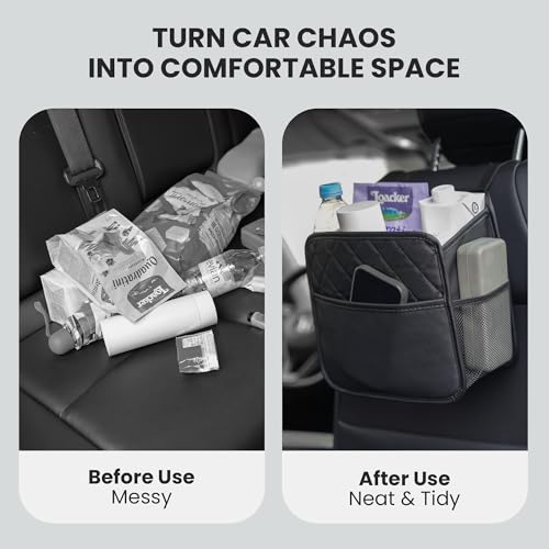 Backseat Car Organizer, PU Leather Car Storage with 2 Mesh Pockets, 9.8" x 9.8" x 5.5", Foldable & Universal, For Car, Truck, SUV