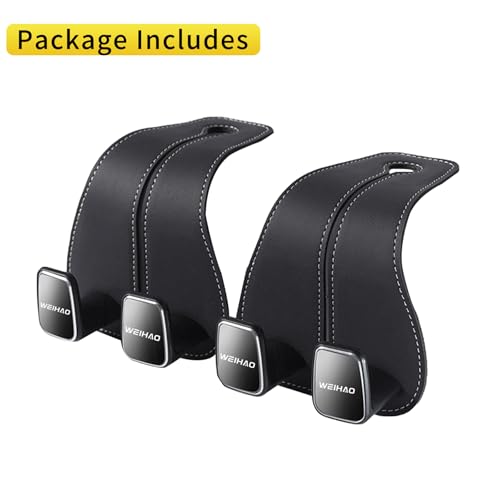 WEIHAO Wide Purse Hook for Car, Twin Hook Leather Car Headrest Hangers, Car Seat Back Storage Hook, Headrest Hooks Purse Bag Holder for Car Universal Fit Sedan Trucks SUVs Most Vehicles (Black-2PCS)