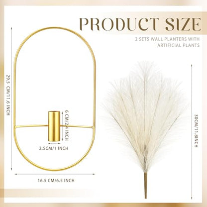 2 Pcs Boho Wall Decor Metal Gold Wall Art Hanging Planters with Artificial Pampas Modern Home Decor Display Art for Living Room Bedroom Bathroom(Oval) - style: Oval