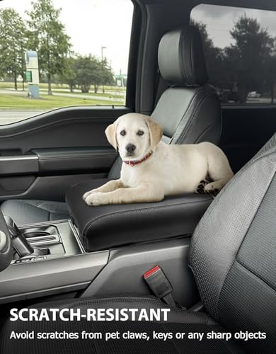 Center Console Cover for 2021-2026 Ford F150 Accessories, Vinyl Leather Middle Armrest Cusion Protector, Anti-Scratch, Black Gray Stitches, Bucket Seat Only(not for Work Station) - size: Bucket Seat, 2021-2026 F150, gray stitch