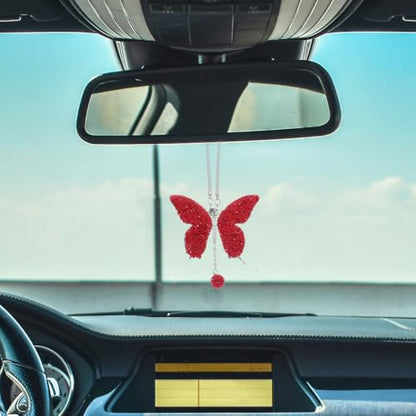 Butterfly Car Hanging Ornament Rhinestone Pendant Rearview Mirror Accessories Red Stainless Steel Car Interior Decoration