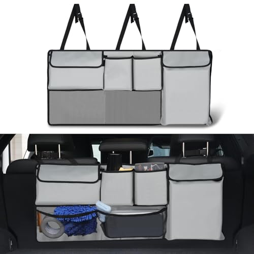 UYYE Trunk Hanging Organizer, Backseat Storage Bag, Collapsible Car Interior Accessories with 4 Pockets & 2 Mesh Pouches for Tools, Provide More Storage Trunk Space for SUV, Jeep, MPVs (Light Grey) - color: Light Grey