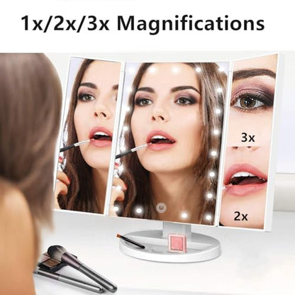 Tri-fold Lighted Vanity Makeup Mirror with 3x/2x Magnification,Light up Mirror for Makeup,Touch Screen 21 LEDs,180° Rotation Countertop Cosmetic Mirror,Gifts for Women Mom Teen Girls