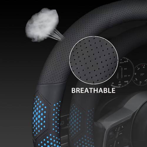 Leather Steering Wheel Cover for Jeep Wrangler Grand Cherokee Compass, 14.5-15 inches Car Steering Wheel Cover with Non-Slip Breathable (Blue) - color: Blue