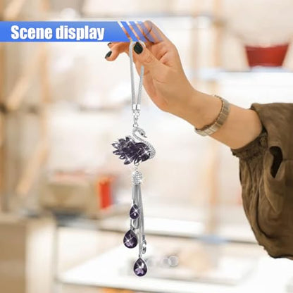 Bling Swan Car Hanging Ornament, Cute Crystal Rhinestone Car Rear View Mirror Accessories, Double Sided Car Decorations Pendant, Car Mirror Hanging Charm for Women Girls (Purple)