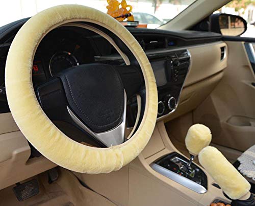 3Pcs/Set Fashion Faux Wool Fur Furry Steering Wheel Cover,Short Hair Soft Fluffy Handbrake Cover,Gear Shift Cover,Universal Thickening Fuzzy Warm Non-Slip Auto Interior (Manual,Beige) - color: beige, size: Manual